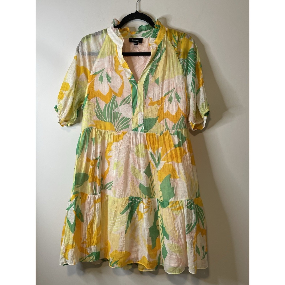 MSK Dress Womens M Yellow Green Floral Tiered V Neck Boho Resort Vacation